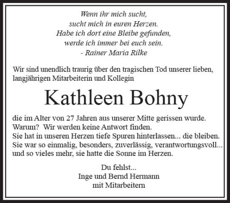  Traueranzeige für Kathleen Bohny vom 25.10.2017 aus VRM Trauer