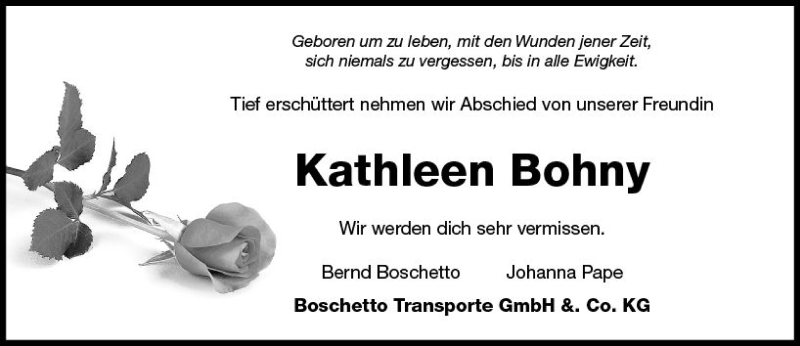  Traueranzeige für Kathleen Bohny vom 16.10.2017 aus VRM Trauer