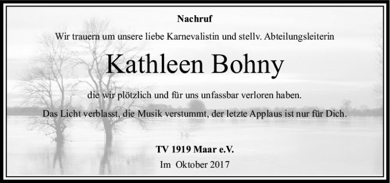  Traueranzeige für Kathleen Bohny vom 16.10.2017 aus VRM Trauer