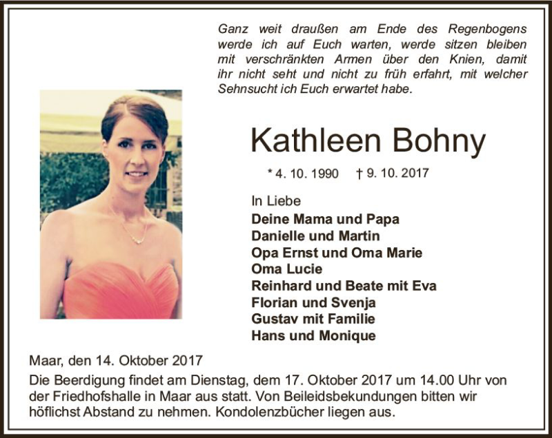  Traueranzeige für Kathleen Bohny vom 14.10.2017 aus VRM Trauer