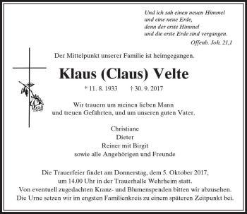 Traueranzeige von Klaus Velte von  Usinger Anzeiger