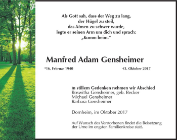 Traueranzeige von Manfred Adam Gensheimer von Trauerportal Echo Online