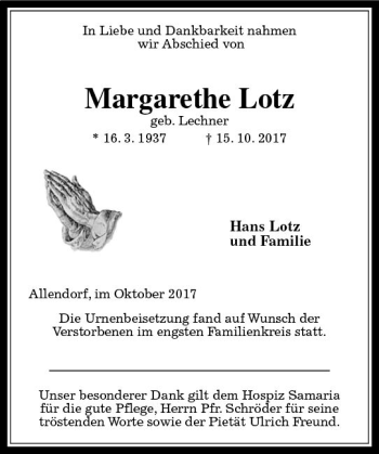Traueranzeige von Margarethe Lotz von  Gießener Anzeiger