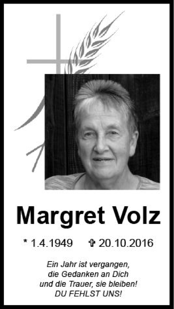  Traueranzeige für Margret Volz vom 20.10.2017 aus Trauerportal Echo Online
