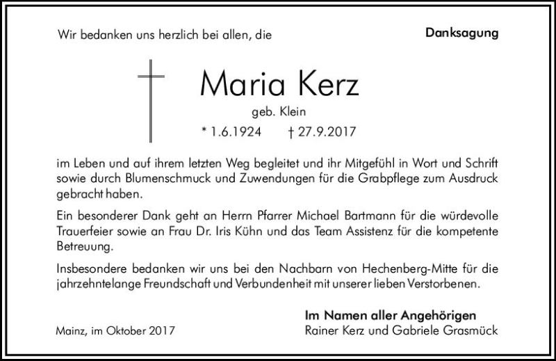  Traueranzeige für Maria Kerz vom 21.10.2017 aus Trauerportal Rhein Main Presse