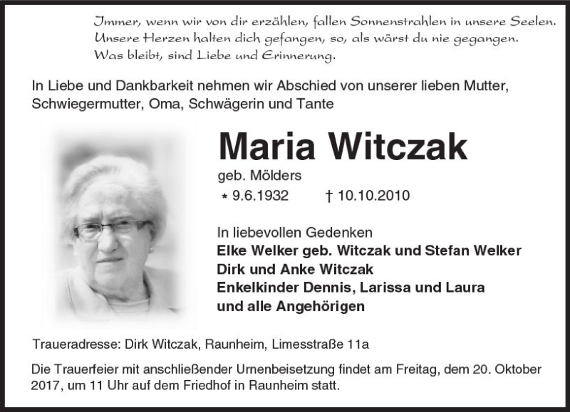  Traueranzeige für Maria Witczak vom 14.10.2017 aus Trauerportal Rhein Main Presse