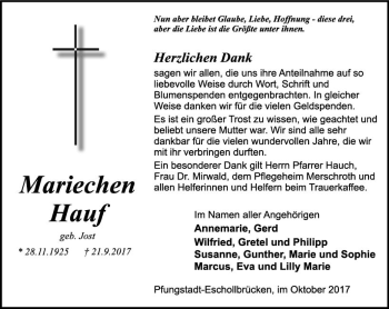 Traueranzeige von Mariechen Hauf von Trauerportal Echo Online
