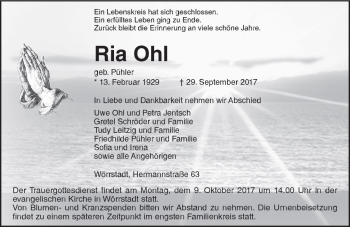 Traueranzeige von Ria Ohl von Trauerportal Rhein Main Presse