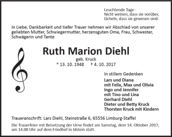 Traueranzeige von Ruth Marion Diehl von Trauerportal Rhein Main Presse