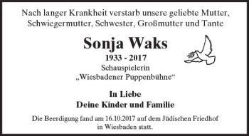 Traueranzeige von Sonja Waks von Trauerportal Rhein Main Presse