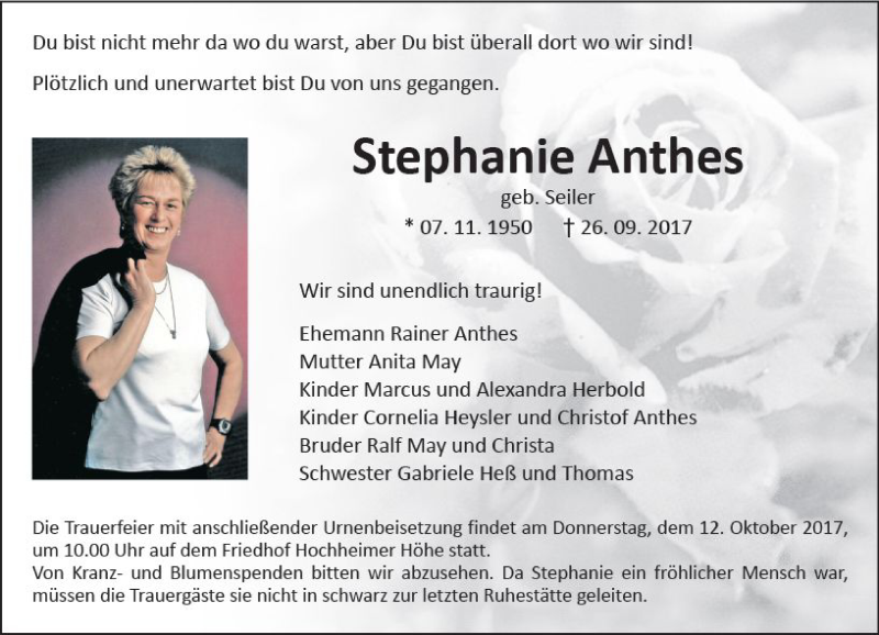  Traueranzeige für Stephanie Anthes vom 10.10.2017 aus Trauerportal Rhein Main Presse