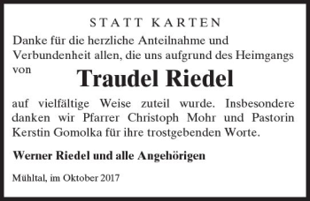 Traueranzeige von Traudel Riedel von Trauerportal Rhein Main Presse