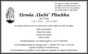 Traueranzeige von Ursula Plischka von  Usinger Anzeiger