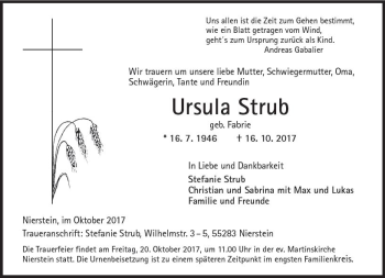 Traueranzeige von Ursula Strub von Trauerportal Rhein Main Presse