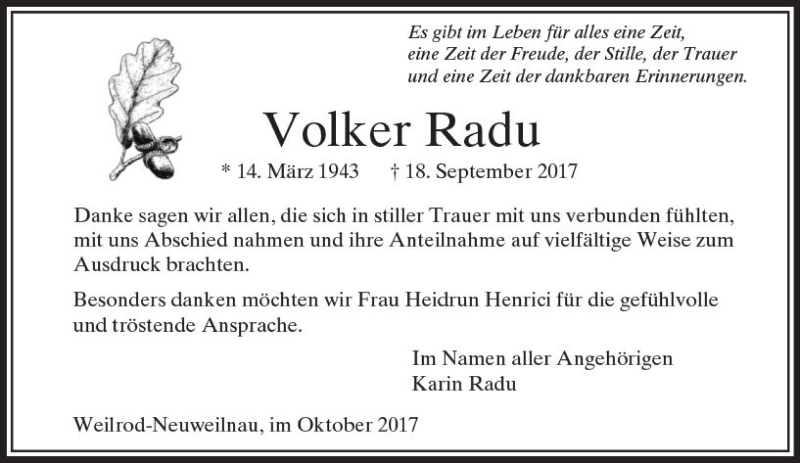  Traueranzeige für Volker Radu vom 14.10.2017 aus  Usinger Anzeiger