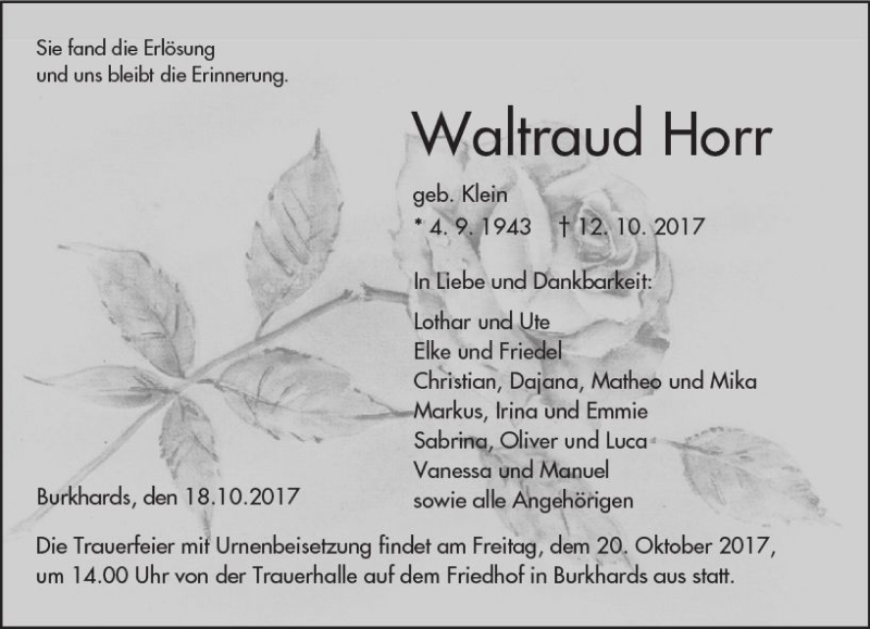 Traueranzeige für Waltraud Horr vom 18.10.2017 aus  Kreisanzeiger