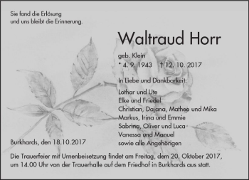Traueranzeige von Waltraud Horr von  Kreisanzeiger