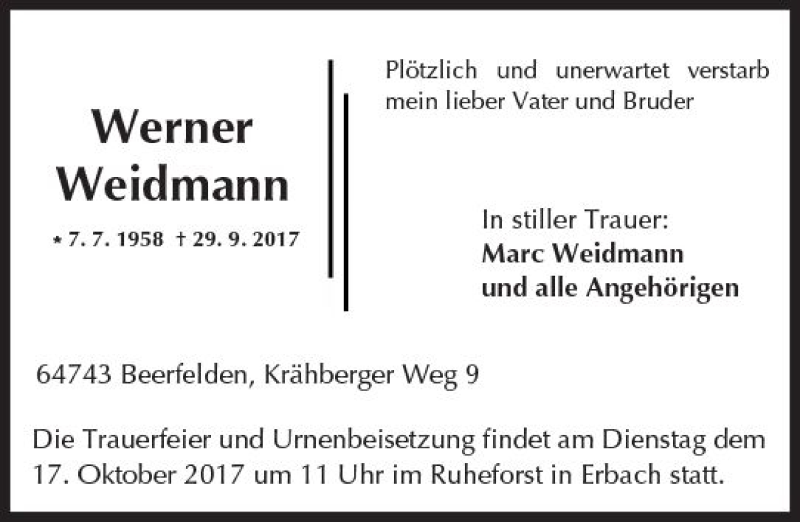  Traueranzeige für Werner Weidmann vom 14.10.2017 aus Trauerportal Echo Online