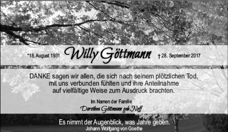  Traueranzeige für Willy Göttmann vom 28.10.2017 aus Trauerportal Echo Online