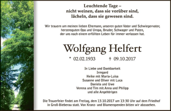 Traueranzeige von Wolfgang Helfert von Trauerportal Echo Online