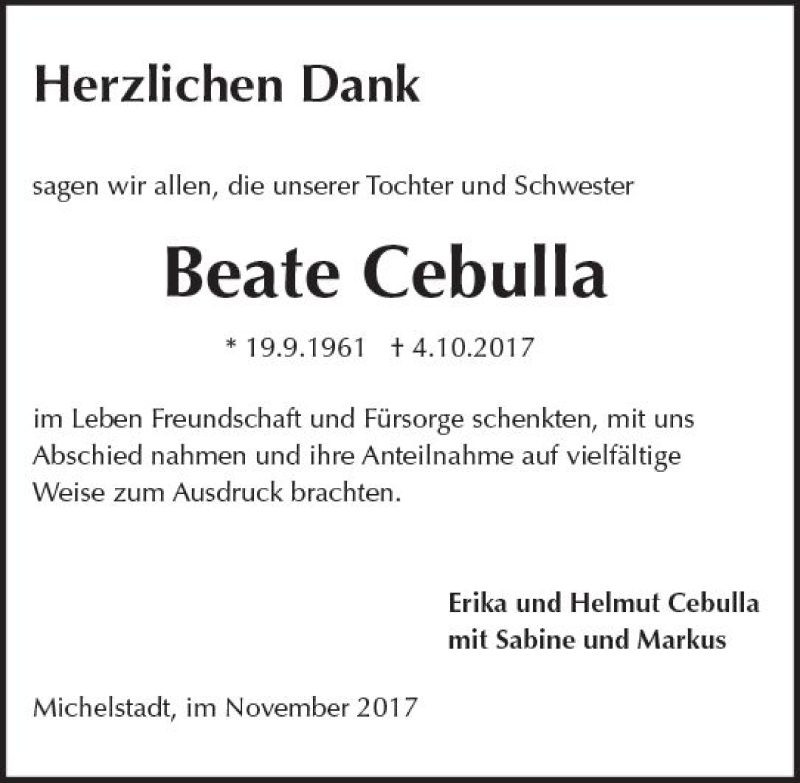  Traueranzeige für Beate Cebulla vom 11.11.2017 aus Trauerportal Echo Online