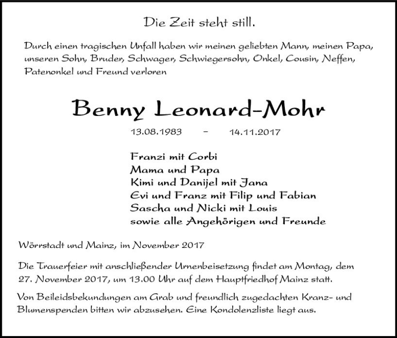  Traueranzeige für Benjamin Leonard-Mohr vom 22.11.2017 aus Trauerportal Rhein Main Presse