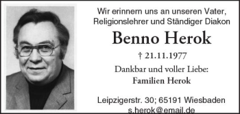 Traueranzeige von Benno Herok von Trauerportal Rhein Main Presse