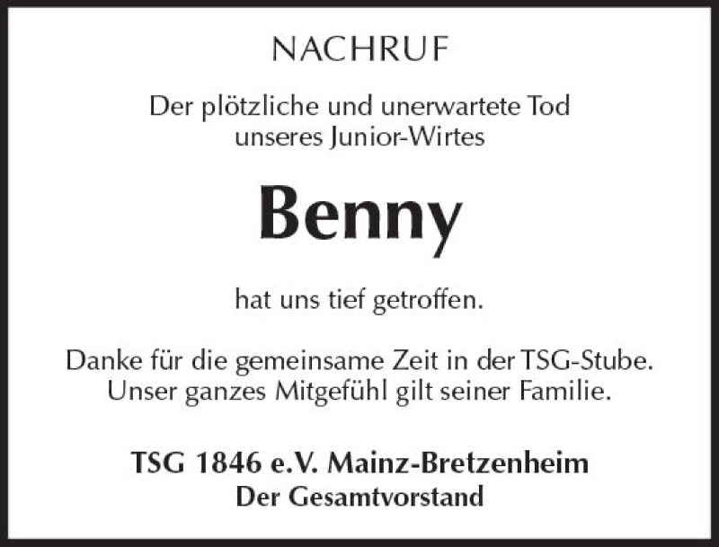  Traueranzeige für Benny  vom 25.11.2017 aus Trauerportal Rhein Main Presse