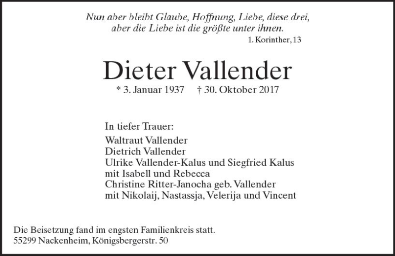  Traueranzeige für Dieter Vallender vom 11.11.2017 aus Trauerportal Rhein Main Presse