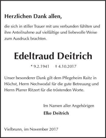 Traueranzeige von Edeltraud Deitrich von Trauerportal Echo Online