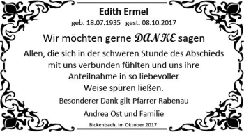 Traueranzeige von Edith Ermel von Trauerportal Echo Online