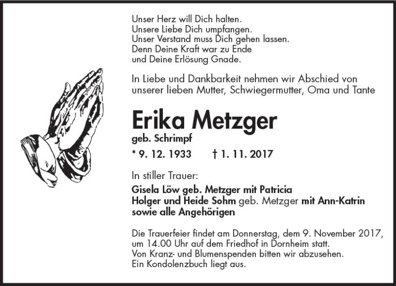  Traueranzeige für Erika Metzger vom 07.11.2017 aus Trauerportal Echo Online