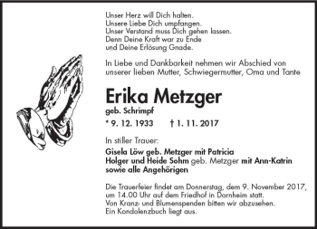 Traueranzeige von Erika Metzger von Trauerportal Echo Online