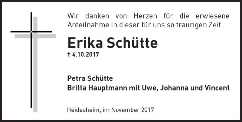  Traueranzeige für Erika Schütte vom 11.11.2017 aus Trauerportal Rhein Main Presse