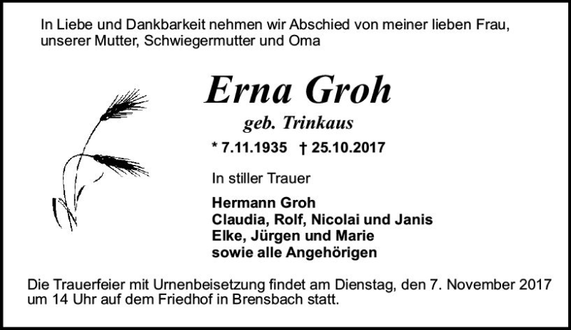  Traueranzeige für Erna Groh vom 04.11.2017 aus Trauerportal Echo Online