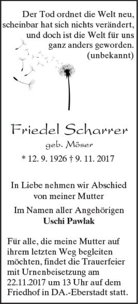  Traueranzeige für Friedel Scharrer vom 15.11.2017 aus Trauerportal Echo Online