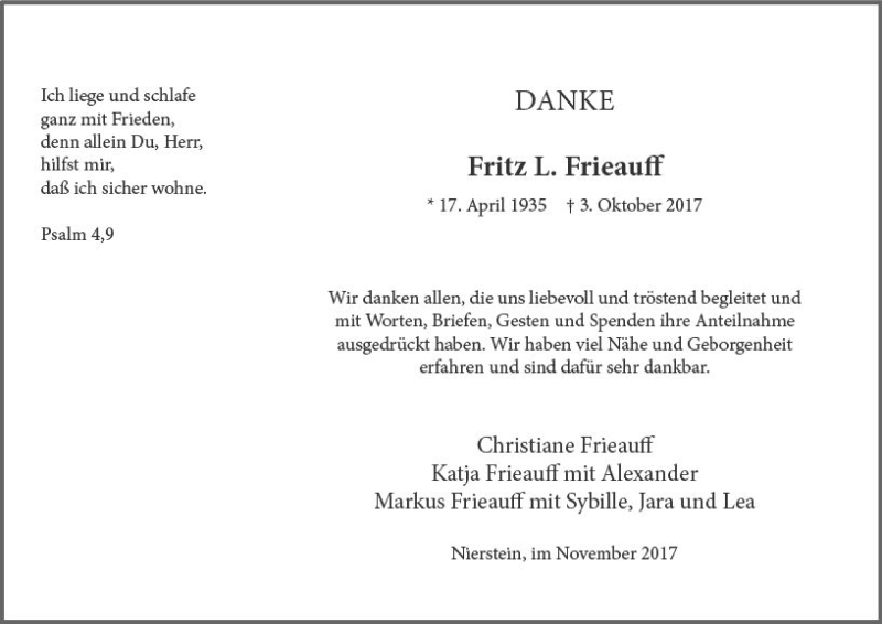  Traueranzeige für Fritz L. Frieauff vom 11.11.2017 aus Trauerportal Rhein Main Presse
