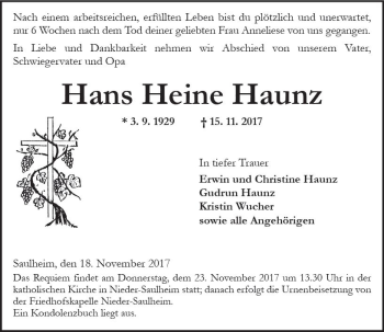 Traueranzeige von Hans Heine Haunz von Trauerportal Rhein Main Presse