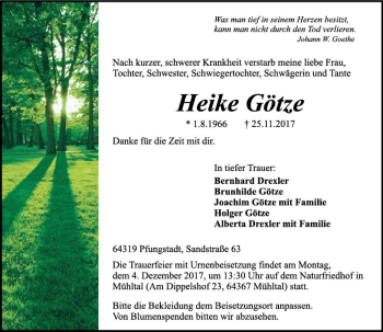 Traueranzeige von Heike Götze von Trauerportal Echo Online