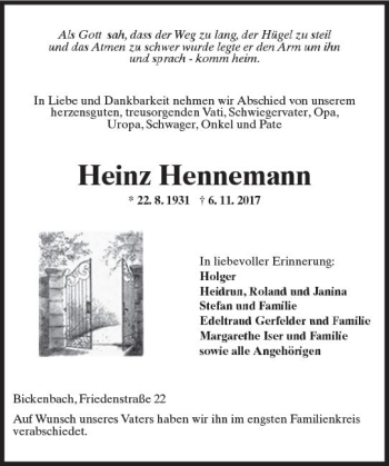 Traueranzeige von Heinz Hennemann von Trauerportal Echo Online