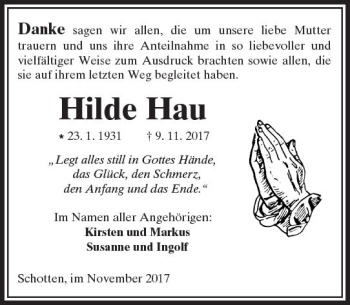 Traueranzeige von Hilde Hau von  Kreisanzeiger