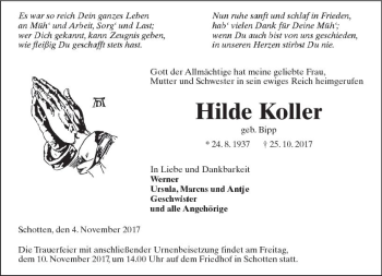 Traueranzeige von Hilde Koller von  Kreisanzeiger