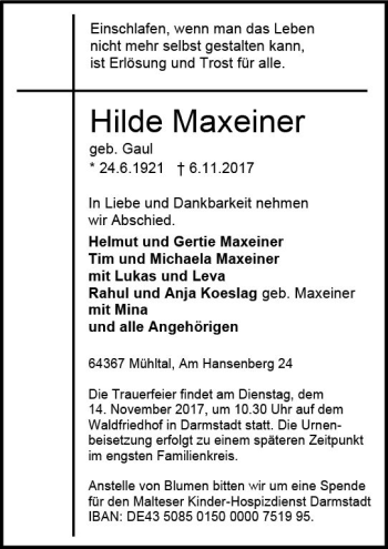 Traueranzeige von Hilde Maxeiner von Trauerportal Echo Online