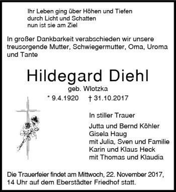 Traueranzeige von Hildegard Diehl von Trauerportal Echo Online