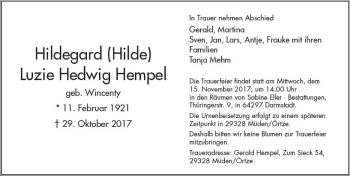 Traueranzeige von Hildegard Luzie Hedwig Hempel von Trauerportal Echo Online