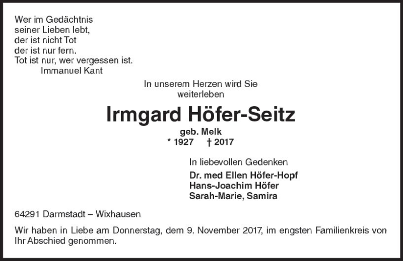  Traueranzeige für Irmgard Höfer-Seitz vom 11.11.2017 aus Trauerportal Echo Online