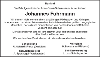 Traueranzeige von Johannes Fuhrmann von  Gießener Anzeiger