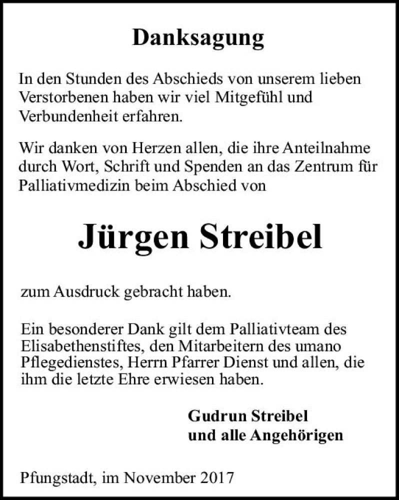  Traueranzeige für Jürgen Streibel vom 04.11.2017 aus Trauerportal Echo Online