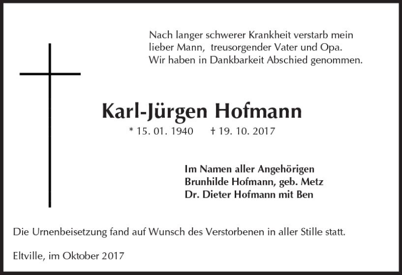  Traueranzeige für Karl-Jürgen Hofmann vom 04.11.2017 aus Trauerportal Rhein Main Presse