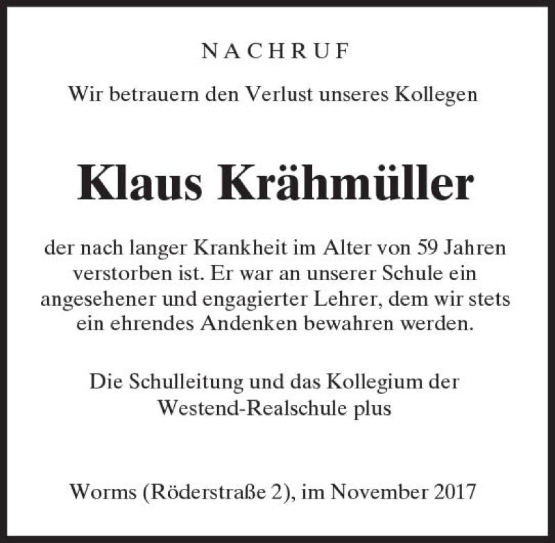  Traueranzeige für Klaus Krähmüller vom 13.11.2017 aus Trauerportal Rhein Main Presse